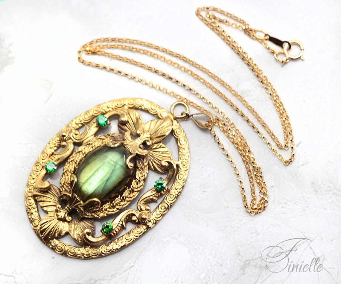 Czech Art Deco Unique Necklace Pendant, Green Labradorite, Green Zirconia, Vintage Repurposed One, Antique Gold Plated, Gift for Women