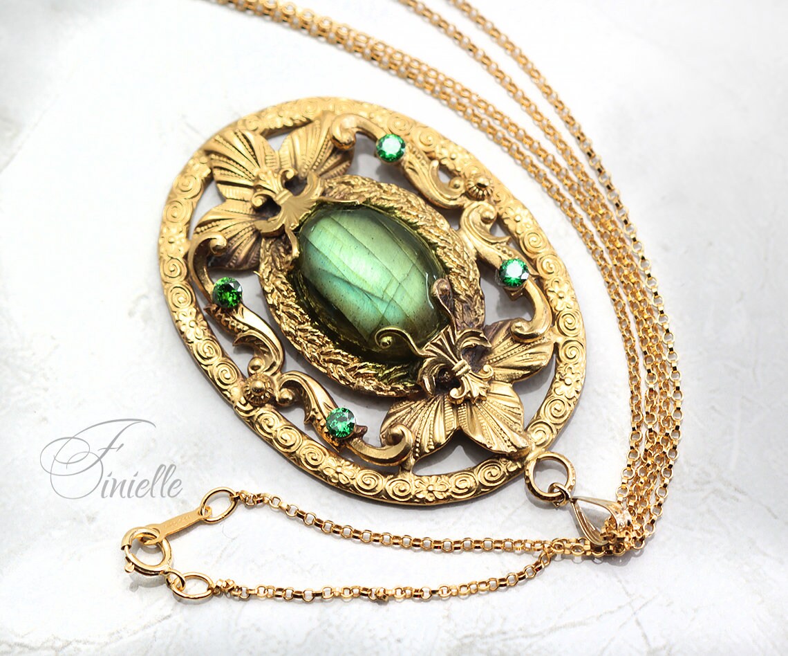 Czech Art Deco Unique Necklace Pendant, Green Labradorite, Green Zirconia, Vintage Repurposed One, Antique Gold Plated, Gift for Women