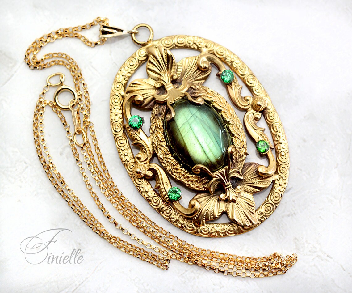 Czech Art Deco Unique Necklace Pendant, Green Labradorite, Green Zirconia, Vintage Repurposed One, Antique Gold Plated, Gift for Women