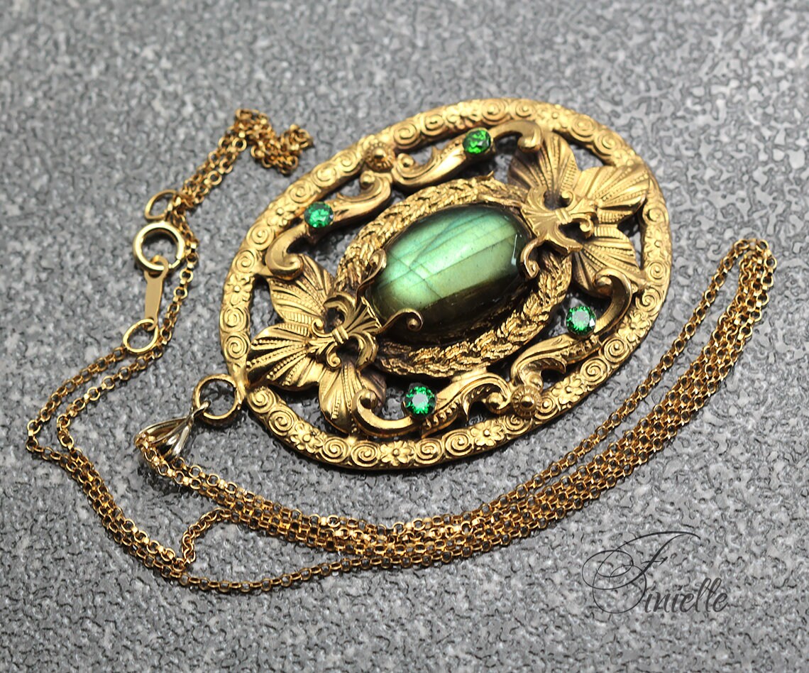 Czech Art Deco Unique Necklace Pendant, Green Labradorite, Green Zirconia, Vintage Repurposed One, Antique Gold Plated, Gift for Women