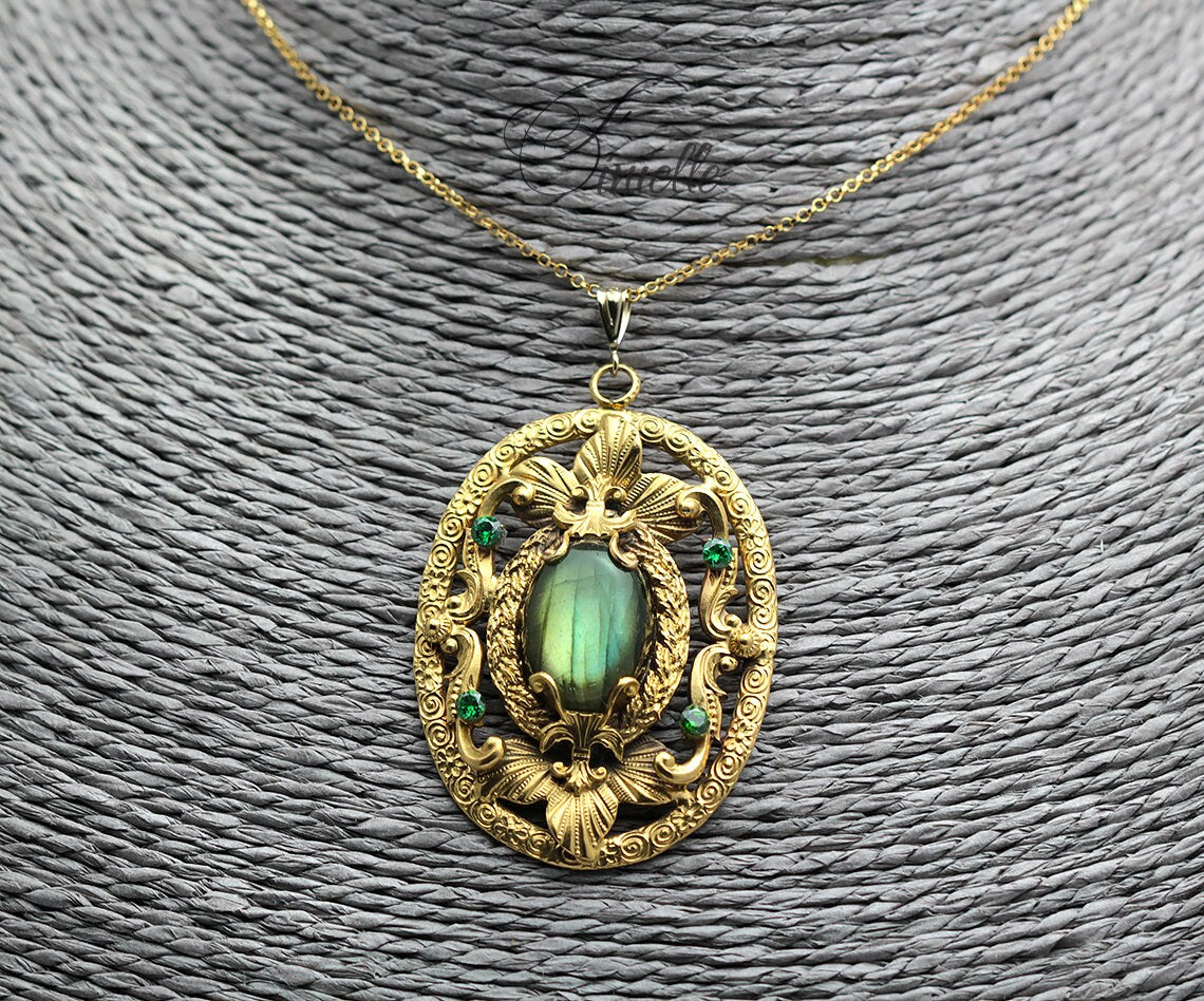 Czech Art Deco Unique Necklace Pendant, Green Labradorite, Green Zirconia, Vintage Repurposed One, Antique Gold Plated, Gift for Women