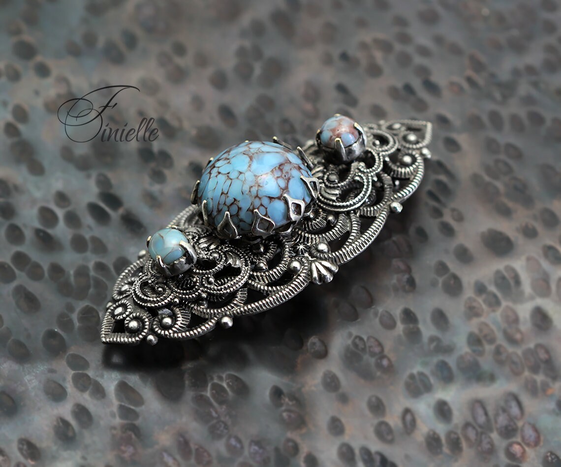 Art Deco 1920-1930's Brooch, Antique Silver Plated, Vintage Czech Bohemian Glass Turquoise Filigree Brooch Pin Jewellery, Gift for Women