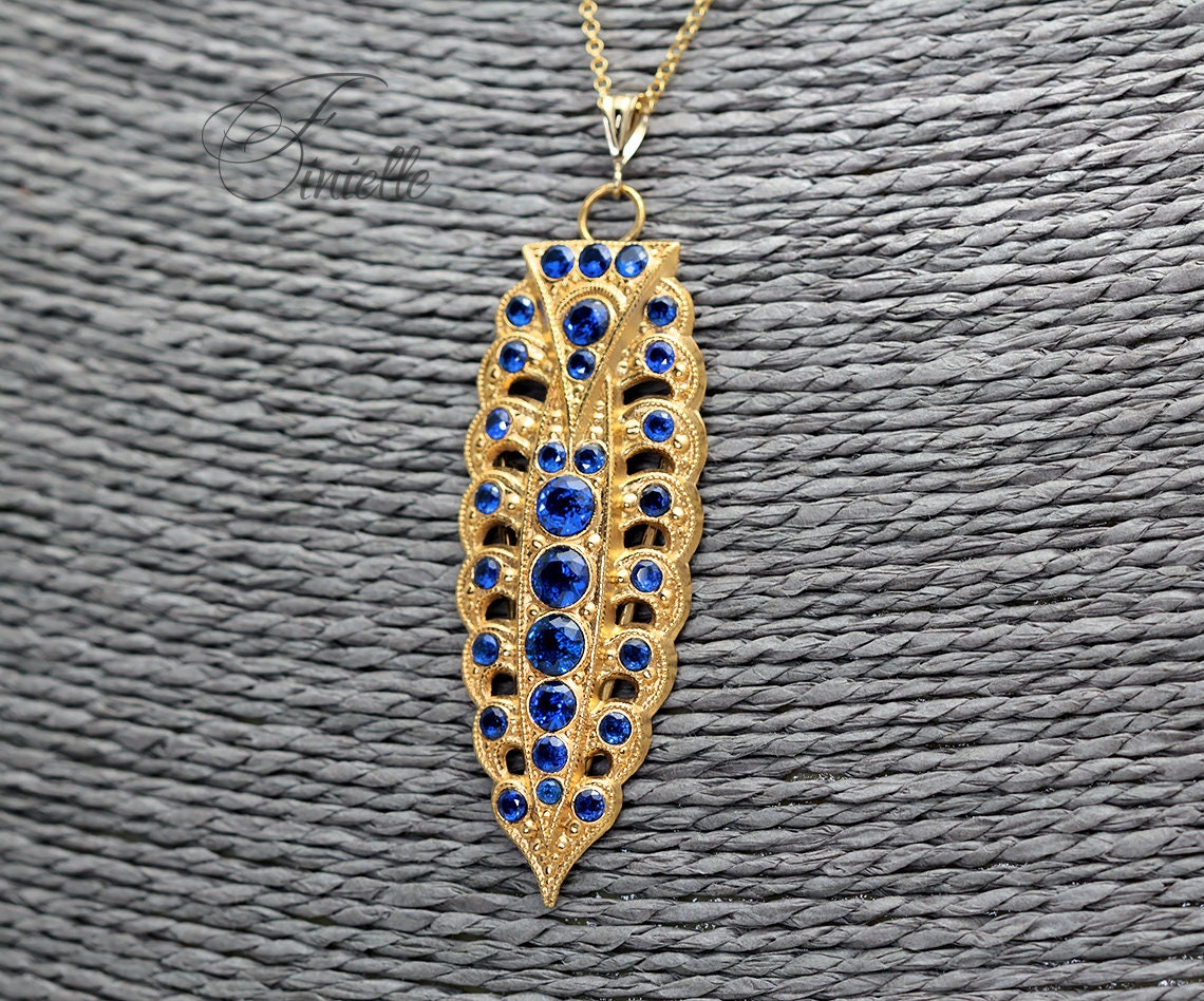 Antique Vintage Art Deco Ornate Necklace Pendant, Spinel Sapphire Blue Zirconia, Vintage Repurposed One, 18Ct Gold Plated, 20" Rolo Chain