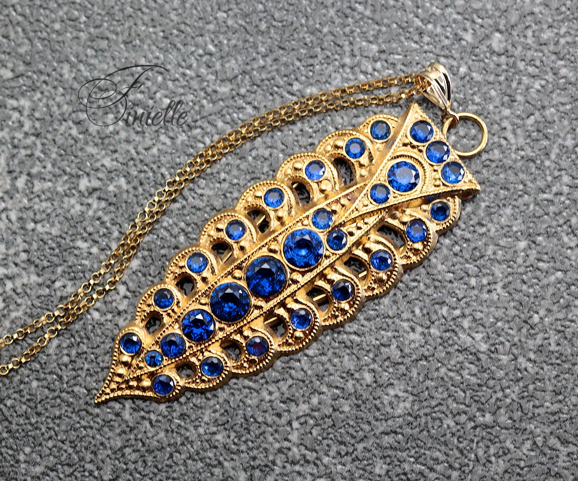 Antique Vintage Art Deco Ornate Necklace Pendant, Spinel Sapphire Blue Zirconia, Vintage Repurposed One, 18Ct Gold Plated, 20" Rolo Chain