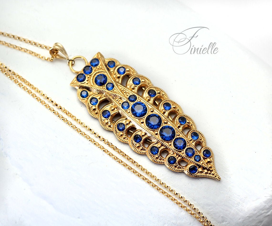 Antique Vintage Art Deco Ornate Necklace Pendant, Spinel Sapphire Blue Zirconia, Vintage Repurposed One, 18Ct Gold Plated, 20" Rolo Chain