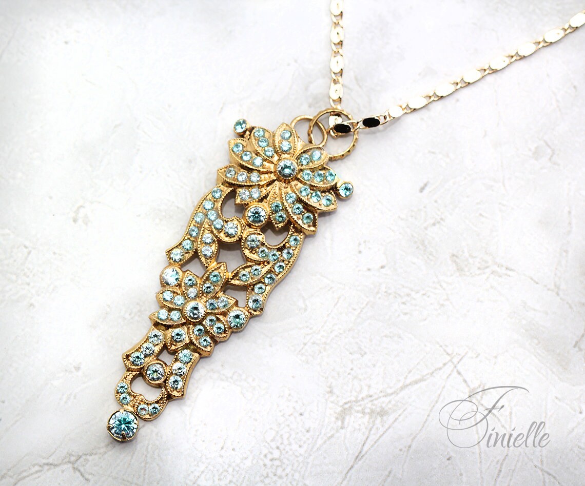 Art Deco Unique jewelry Necklace Pendant, Blue Aquamarine Zirconia, Antique, Vintage Repurposed, Richly Gilded, jewellery Gift for Women