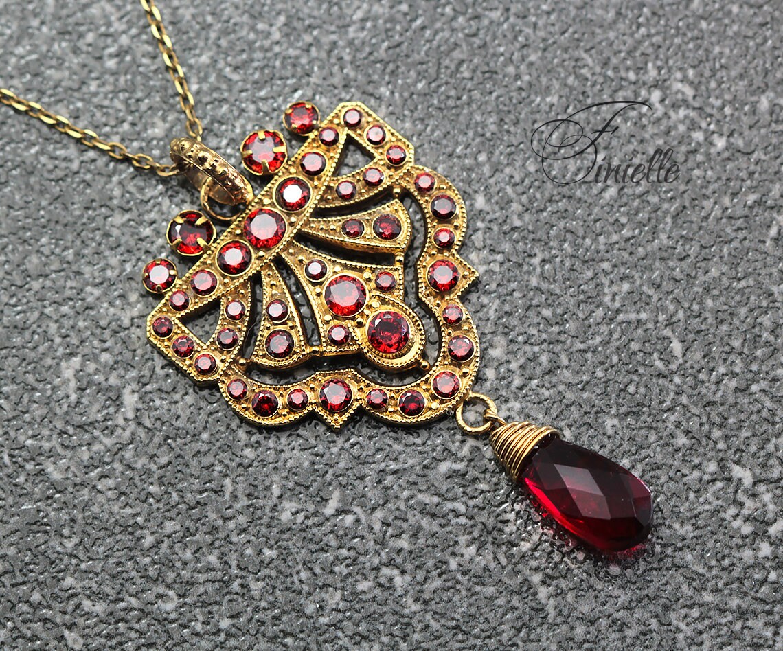 Art Deco Unique Necklace Pendant, Garnet Cubic Zirconia, Antique, Vintage Repurposed One, Richly Gilded, Birthday Gift for Women.