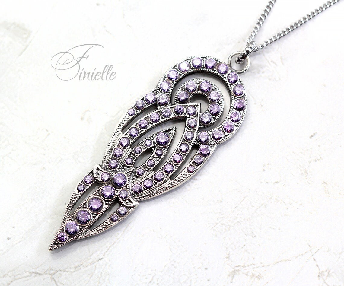 Antique Vintage Art Deco Czech Dress Clip Repurposed to Pendant Necklace, Amethyst Cubic Zirconia, Antique Silver Plated, Unique Gift