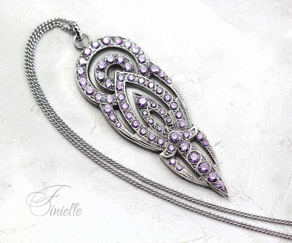 Antique Vintage Art Deco Czech Dress Clip Repurposed to Pendant Necklace, Amethyst Cubic Zirconia, Antique Silver Plated, Unique Gift