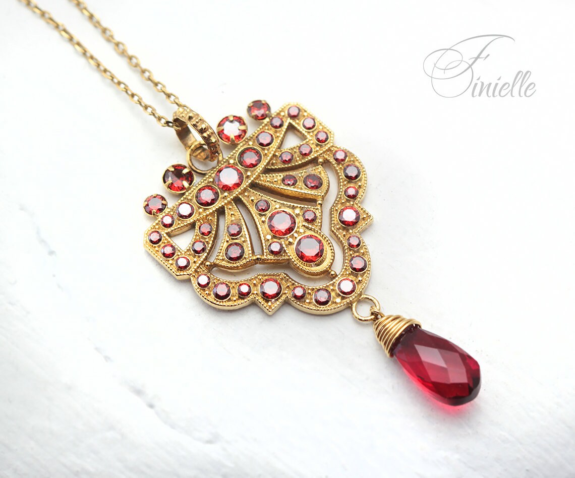 Art Deco Unique Necklace Pendant, Garnet Cubic Zirconia, Antique, Vintage Repurposed One, Richly Gilded, Birthday Gift for Women.