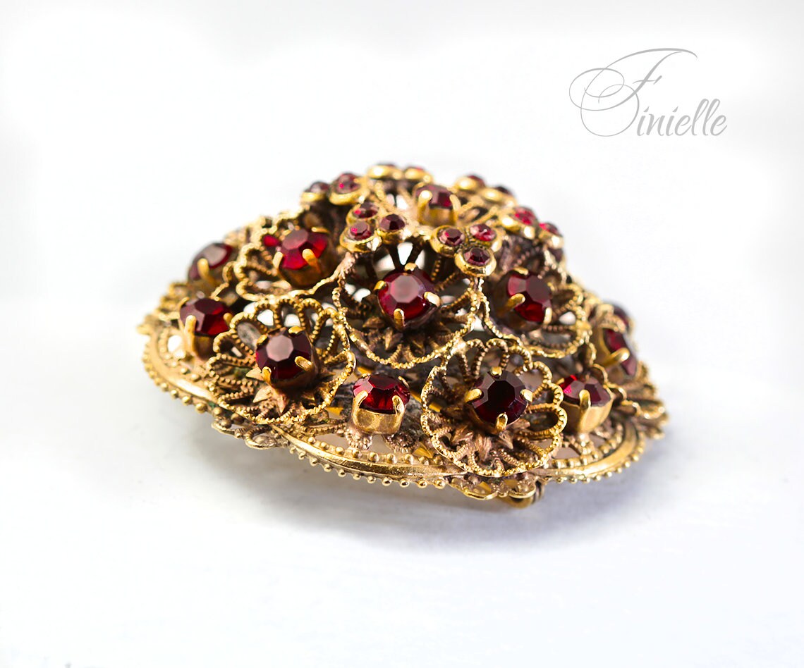 Art Deco 1920-1930's Vintage Czech Red Glass Brooch Filigree Ruby Paste High Relief, Antique Gold Plated, Vintage Jewelry, Gift for Women