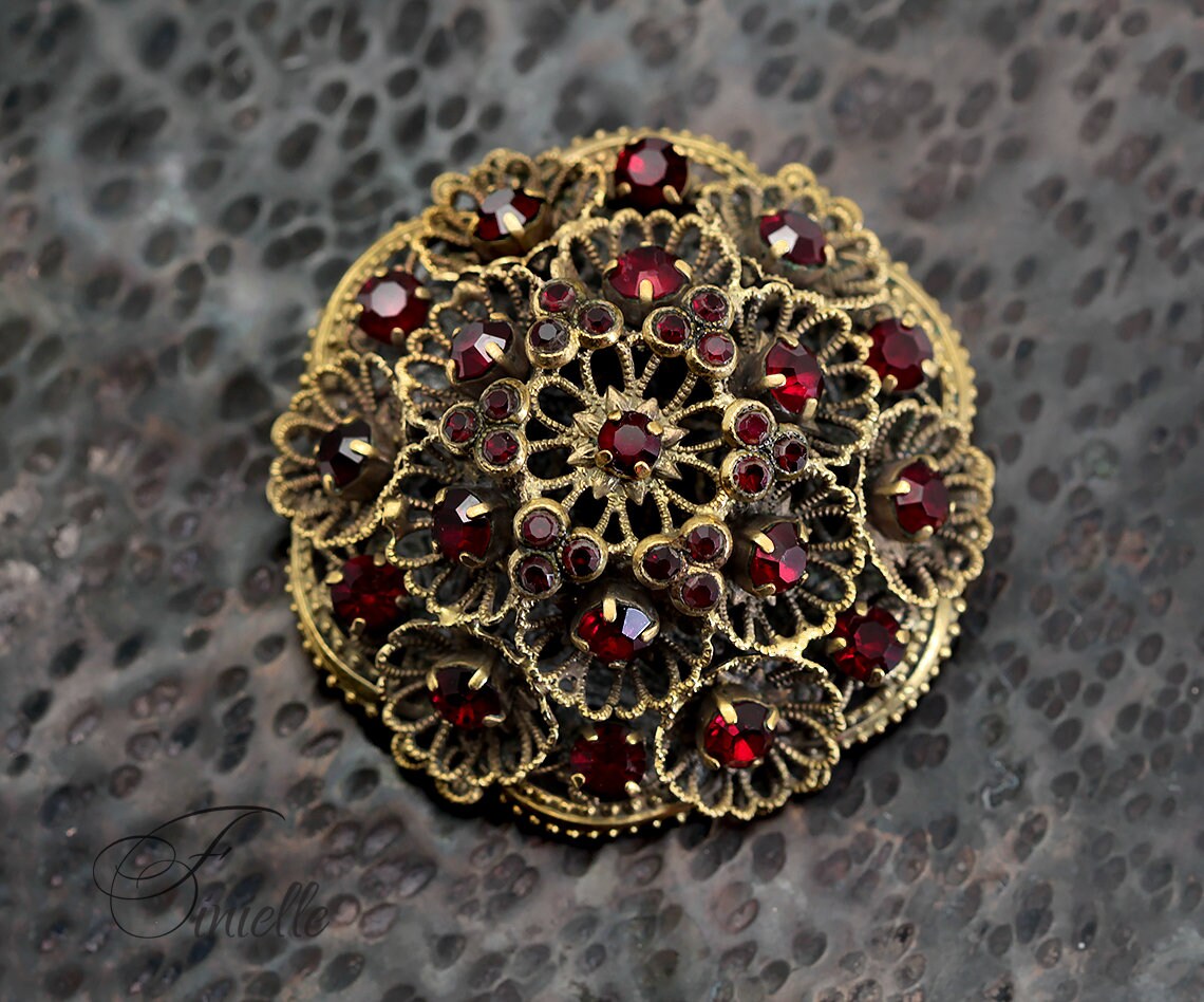 Art Deco 1920-1930's Vintage Czech Red Glass Brooch Filigree Ruby Paste High Relief, Antique Gold Plated, Vintage Jewelry, Gift for Women