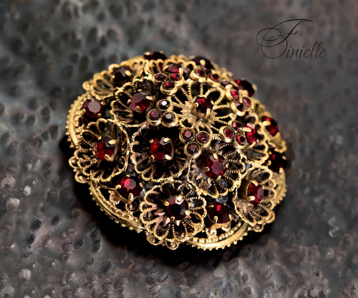 Art Deco 1920-1930's Vintage Czech Red Glass Brooch Filigree Ruby Paste High Relief, Antique Gold Plated, Vintage Jewelry, Gift for Women