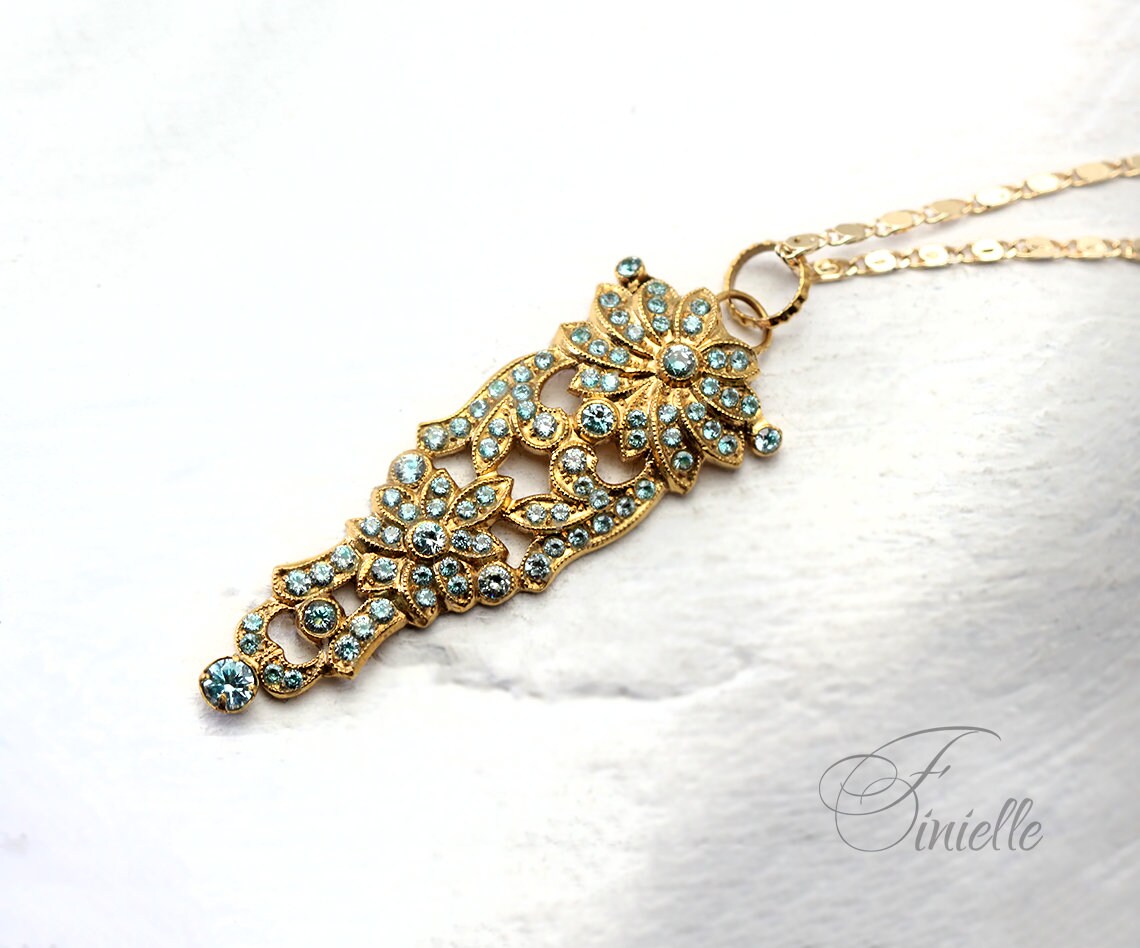 Art Deco Unique jewelry Necklace Pendant, Blue Aquamarine Zirconia, Antique, Vintage Repurposed, Richly Gilded, jewellery Gift for Women