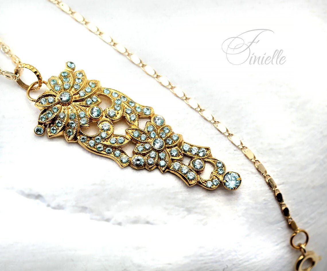 Art Deco Unique jewelry Necklace Pendant, Blue Aquamarine Zirconia, Antique, Vintage Repurposed, Richly Gilded, jewellery Gift for Women