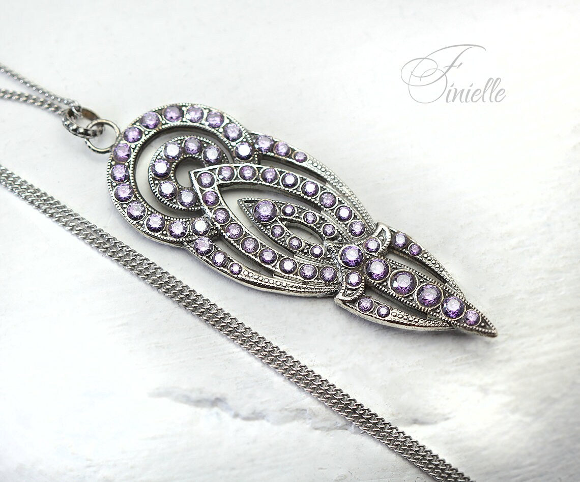 Antique Vintage Art Deco Czech Dress Clip Repurposed to Pendant Necklace, Amethyst Cubic Zirconia, Antique Silver Plated, Unique Gift