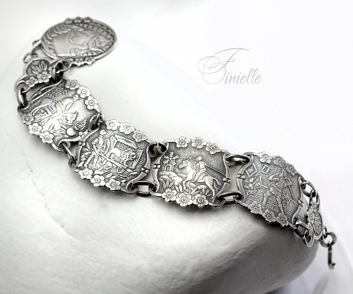 Silver Plated, Vintage 1950's, Spanish Cervantes Don Quixote Story Panel Bracelet, Vintage Spanish Jewelry, Art Nouveau style Jewellery