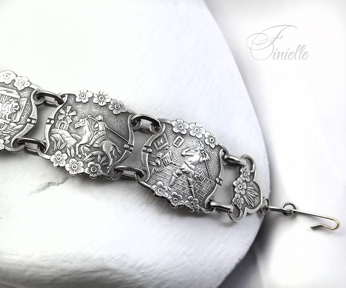 Silver Plated, Vintage 1950's, Spanish Cervantes Don Quixote Story Panel Bracelet, Vintage Spanish Jewelry, Art Nouveau style Jewellery