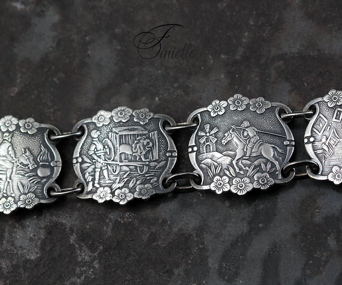 Silver Plated, Vintage 1950's, Spanish Cervantes Don Quixote Story Panel Bracelet, Vintage Spanish Jewelry, Art Nouveau style Jewellery