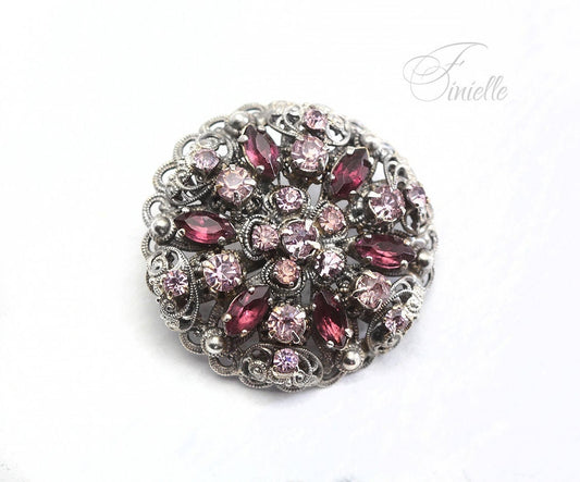 Art Deco 1920-1930's Made In Germany Vintage Pink Glass Rhinestone Filigree Brooch, Antique Silver Plated, Vintage Jewelry, Gift for Women,