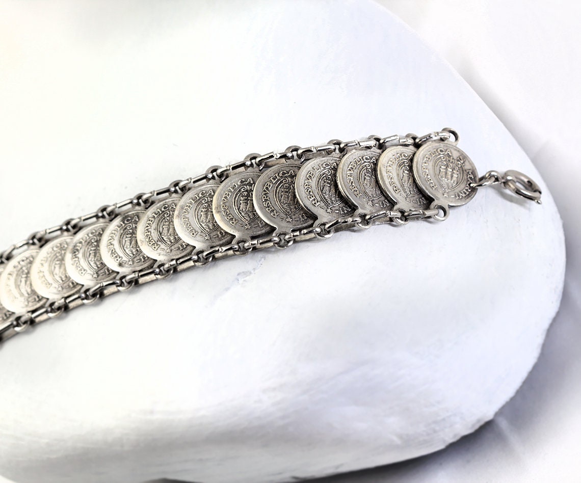 Vintage Coin Bracelet 1960's, Souvenir of San Marini, Scudi 1698, Boho Jewelry, Faux Coin Bracelet, Republic of San Marino, Silver Plated