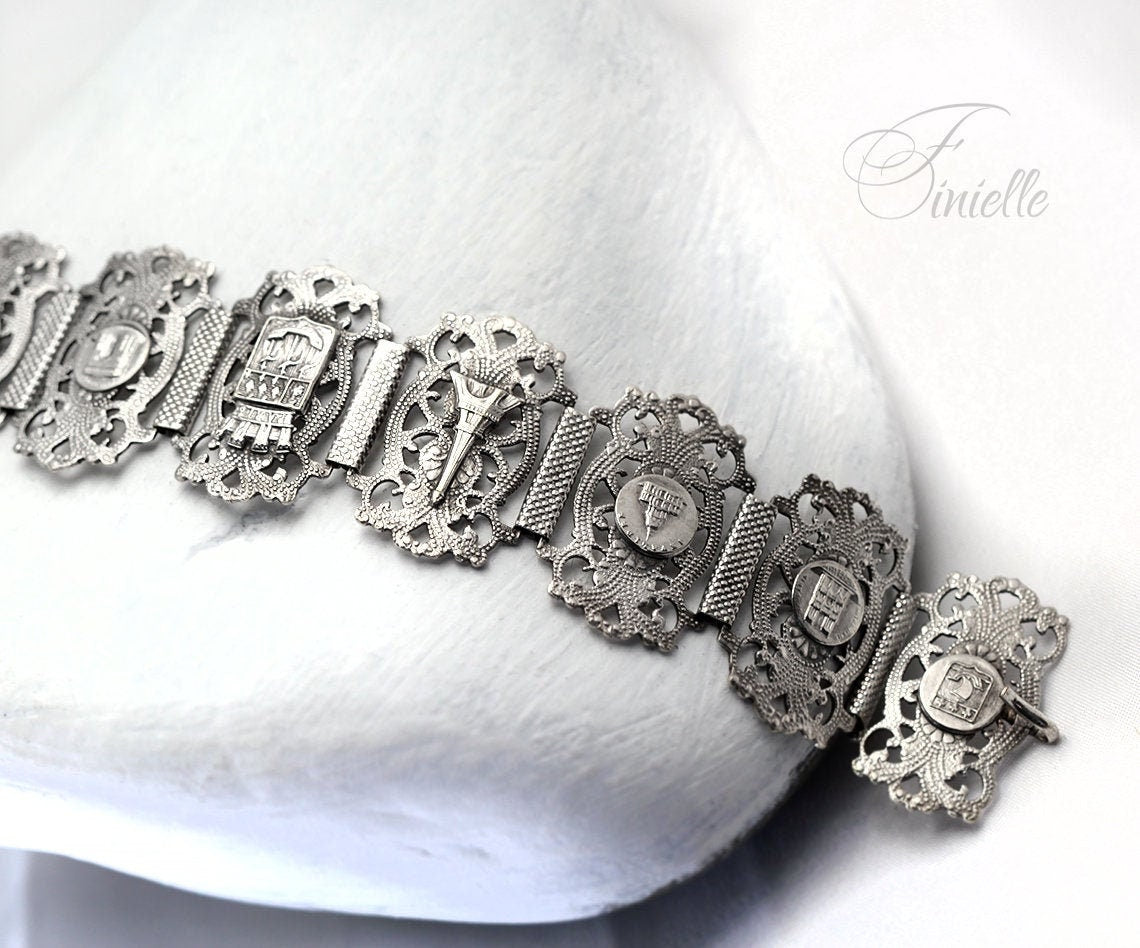 Antique Art Deco PARIS Rhodium Plated 1970s Souvenir Bracelet, Postcard Vintage, Raised Relief Panel, Silver Tone Jewelry, Gift Jewellery