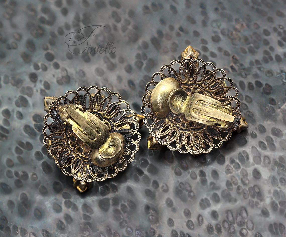 Vintage Czech 1930s Smoked Topaz Citrine Rhinestone Filigree Clip-On Earrings, Gold Plated, Gift for Women, Jewelry Art Deco Jewellery