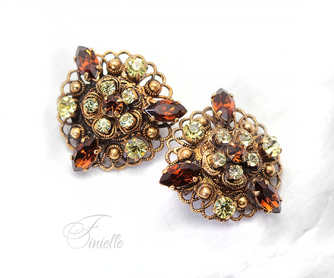 Vintage Czech 1930s Smoked Topaz Citrine Rhinestone Filigree Clip-On Earrings, Gold Plated, Gift for Women, Jewelry Art Deco Jewellery