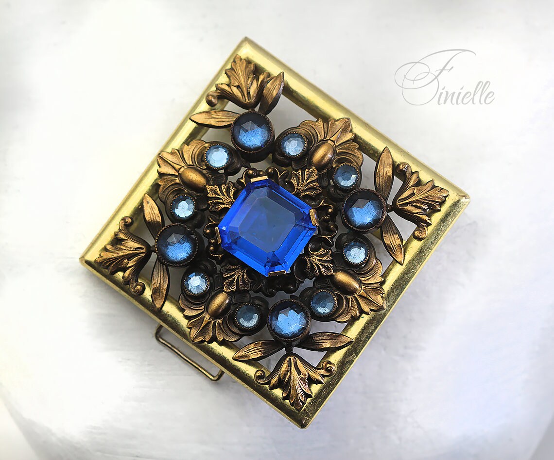 Art Deco 1920-1930's Vintage Czech Blue Glass Buckle, Filigree, Gilded Brass, Gold tone, Bohemian Vintage Jewelry, Gift, Antique jewellery