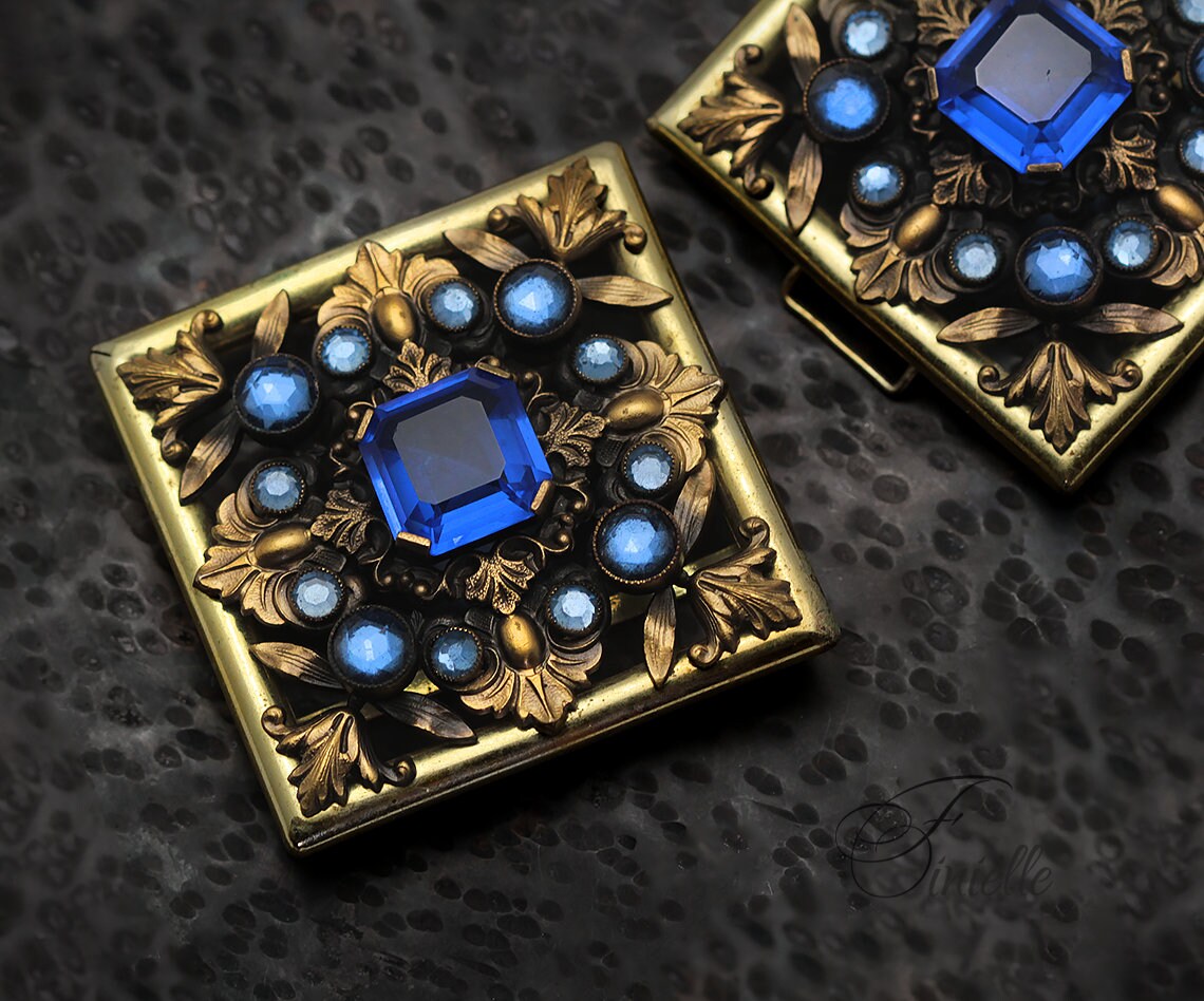 Art Deco 1920-1930's Vintage Czech Blue Glass Buckle, Filigree, Gilded Brass, Gold tone, Bohemian Vintage Jewelry, Gift, Antique jewellery