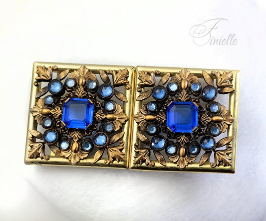 Art Deco 1920-1930's Vintage Czech Blue Glass Buckle, Filigree, Gilded Brass, Gold tone, Bohemian Vintage Jewelry, Gift, Antique jewellery