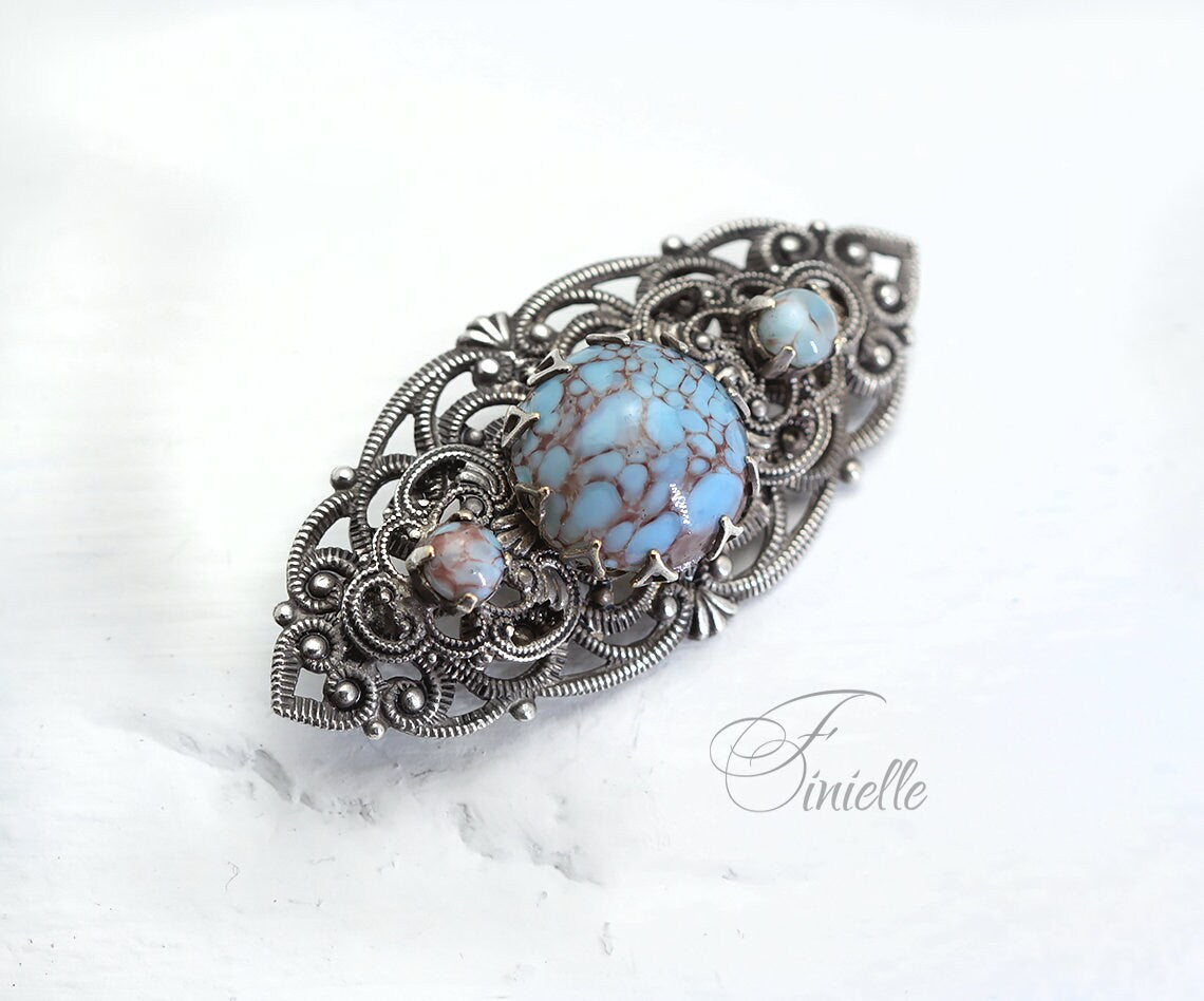 Art Deco 1920-1930's Brooch, Antique Silver Plated, Vintage Czech Bohemian Glass Turquoise Filigree Brooch Pin Jewellery, Gift for Women