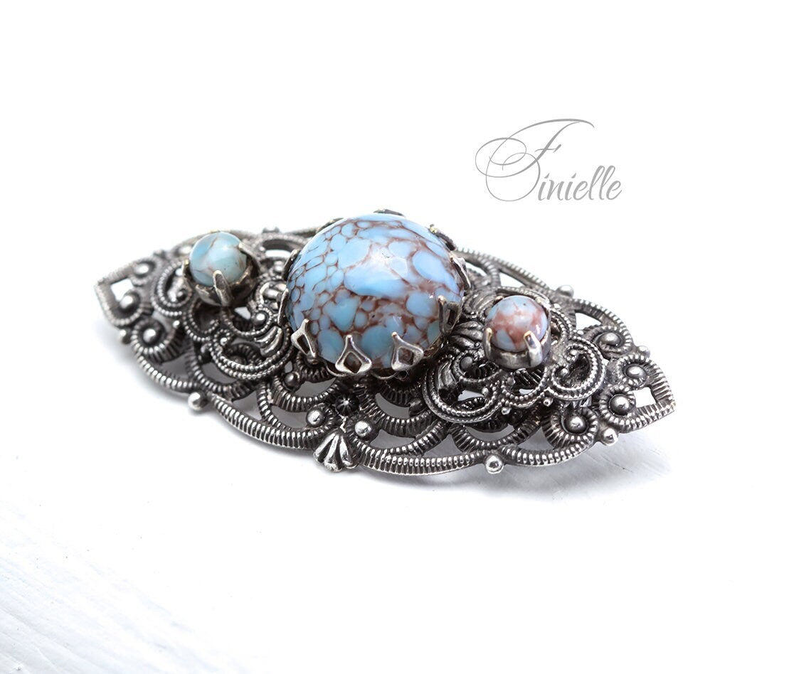 Art Deco 1920-1930's Brooch, Antique Silver Plated, Vintage Czech Bohemian Glass Turquoise Filigree Brooch Pin Jewellery, Gift for Women