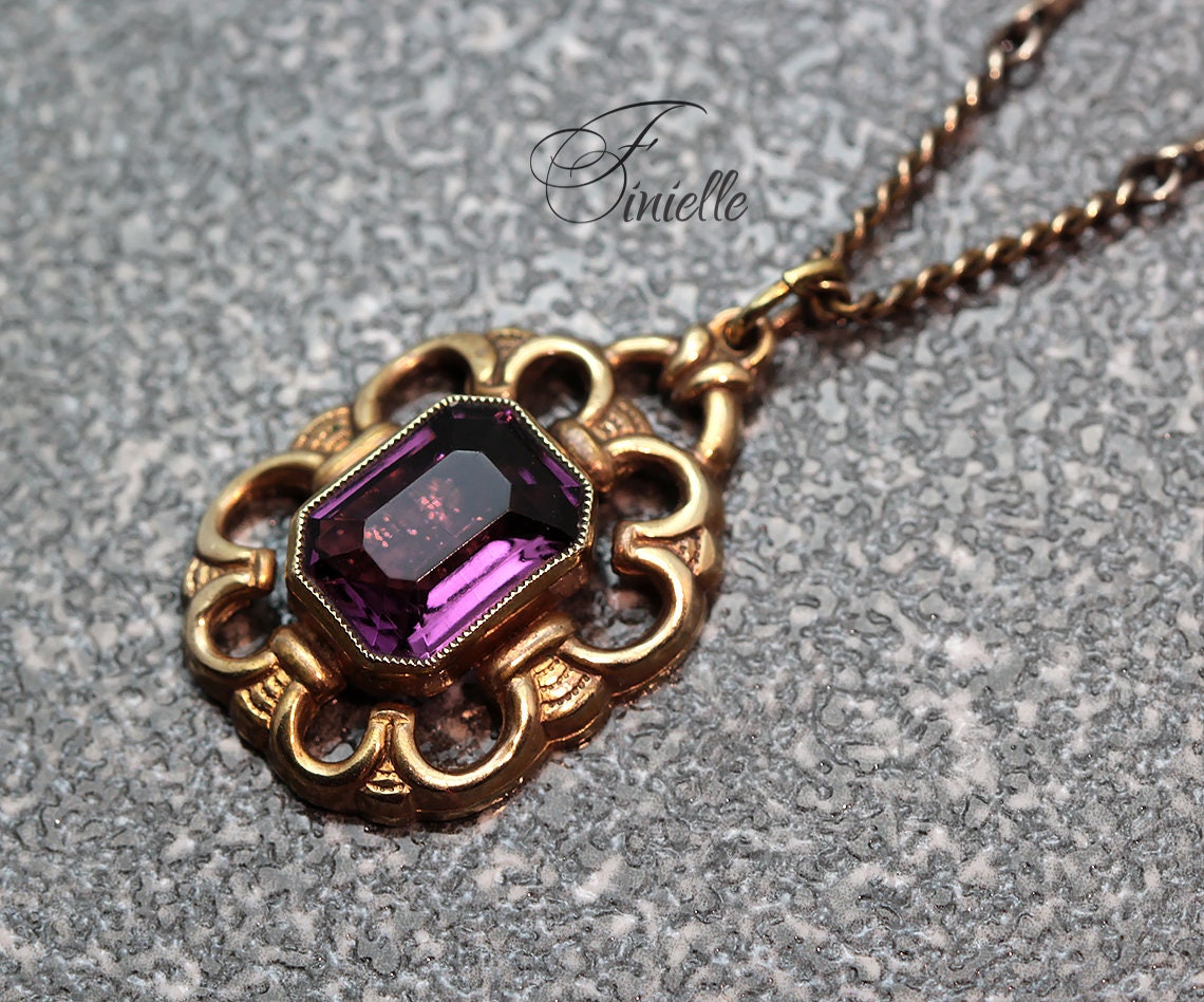 Antique Victorian Faceted Purple Amethyst Glass Pendant Necklace, Gilded Necklace, Gold Plated Bar Chain, Ornate Pendant, Vintage Jewelry