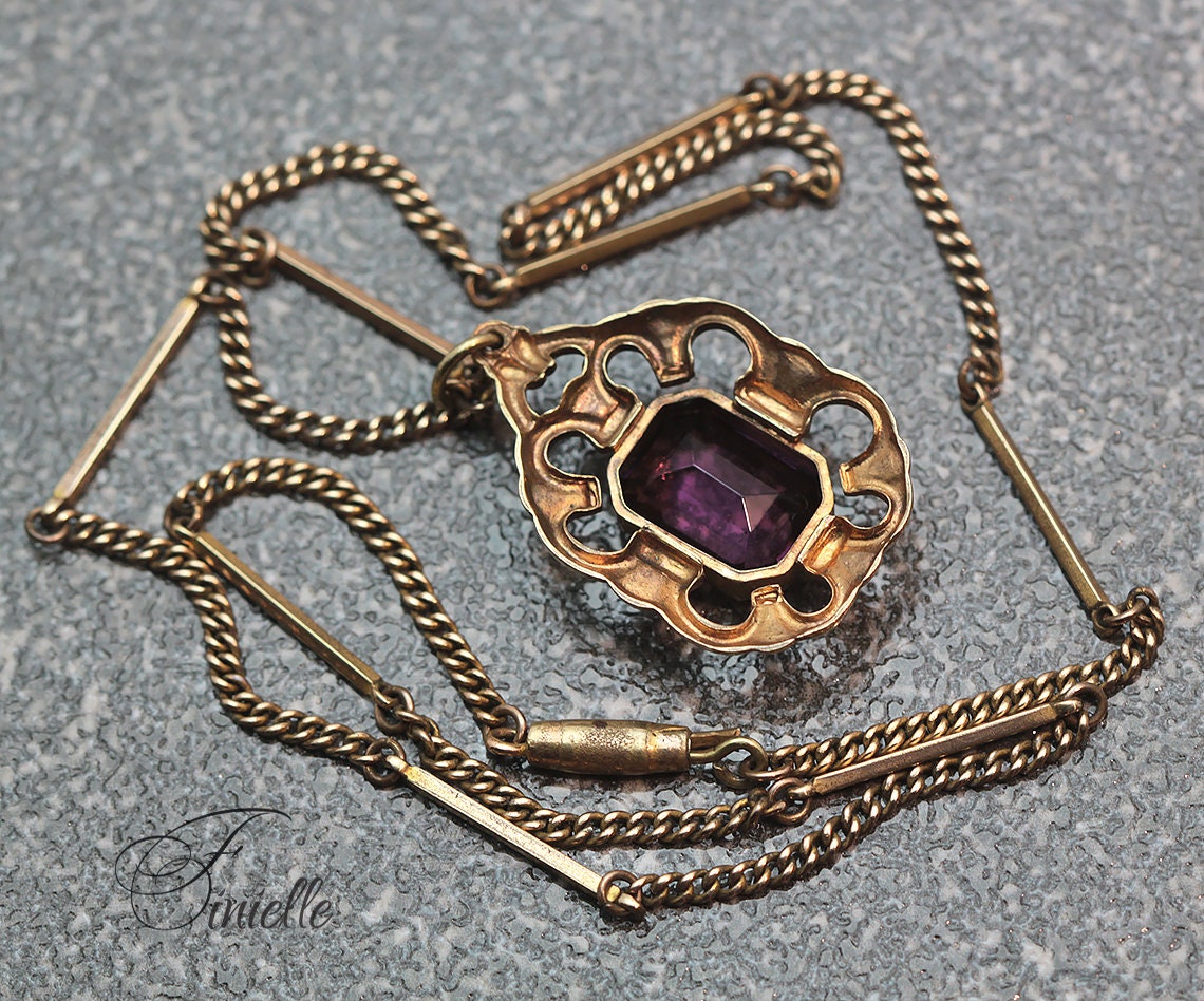 Antique Victorian Faceted Purple Amethyst Glass Pendant Necklace, Gilded Necklace, Gold Plated Bar Chain, Ornate Pendant, Vintage Jewelry