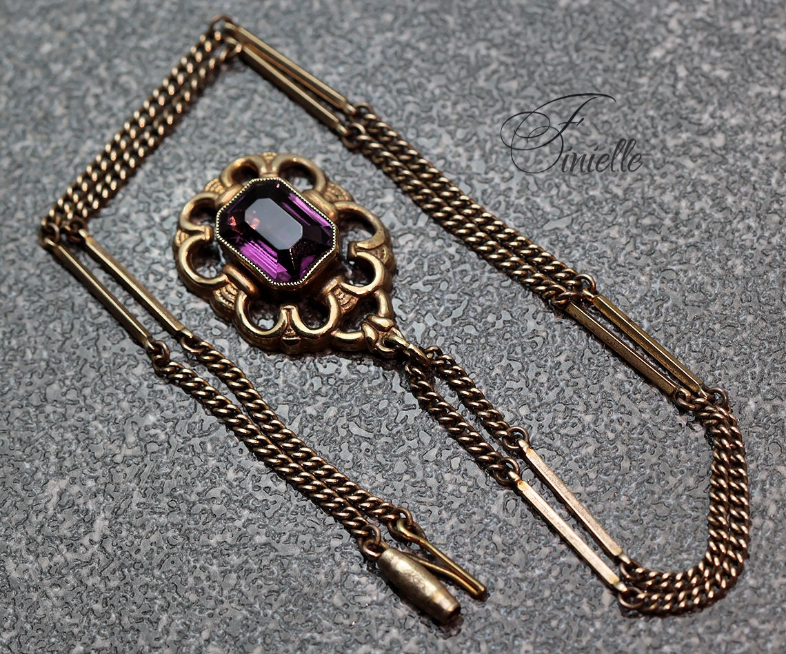 Antique Victorian Faceted Purple Amethyst Glass Pendant Necklace, Gilded Necklace, Gold Plated Bar Chain, Ornate Pendant, Vintage Jewelry