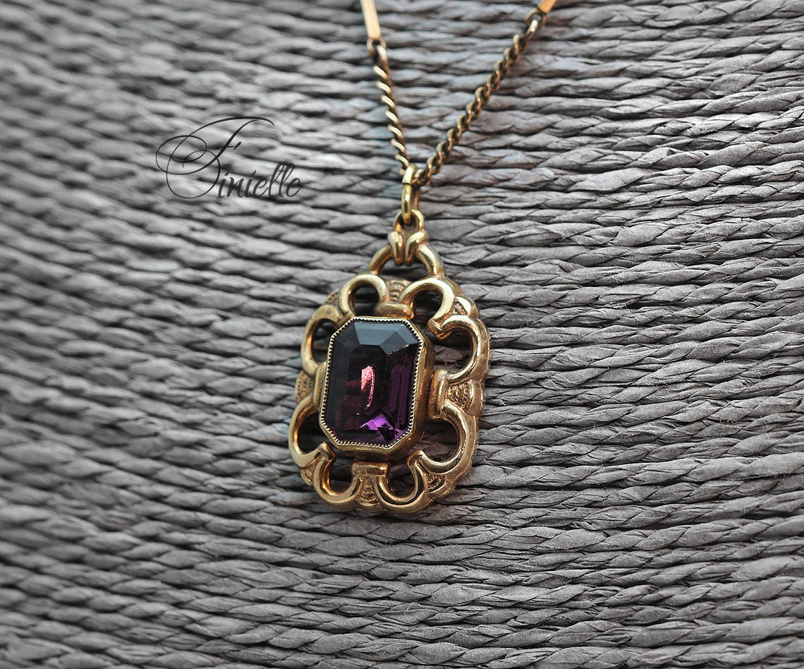 Antique Victorian Faceted Purple Amethyst Glass Pendant Necklace, Gilded Necklace, Gold Plated Bar Chain, Ornate Pendant, Vintage Jewelry