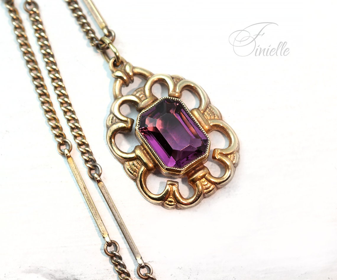 Antique Victorian Faceted Purple Amethyst Glass Pendant Necklace, Gilded Necklace, Gold Plated Bar Chain, Ornate Pendant, Vintage Jewelry