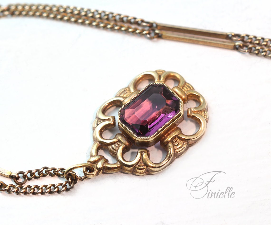 Antique Victorian Faceted Purple Amethyst Glass Pendant Necklace, Gilded Necklace, Gold Plated Bar Chain, Ornate Pendant, Vintage Jewelry