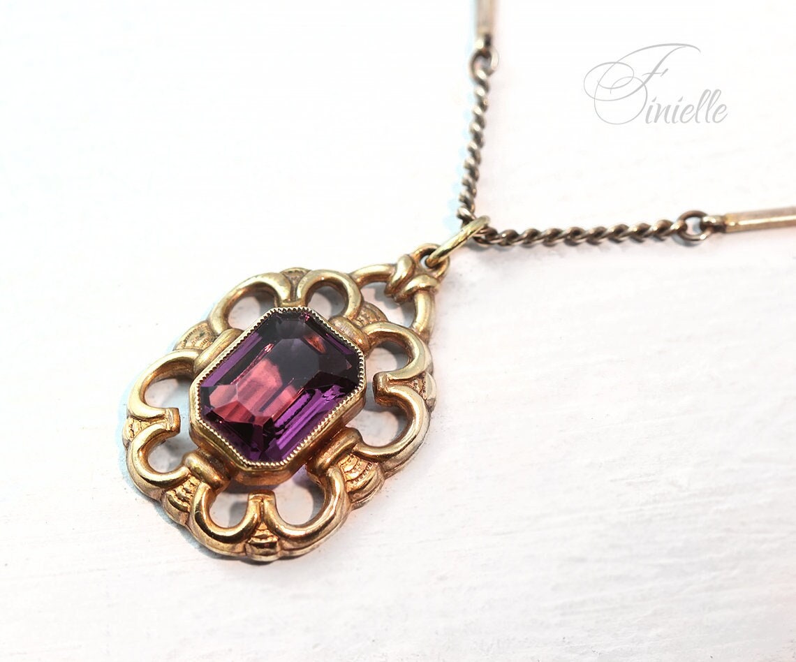 Antique Victorian Faceted Purple Amethyst Glass Pendant Necklace, Gilded Necklace, Gold Plated Bar Chain, Ornate Pendant, Vintage Jewelry