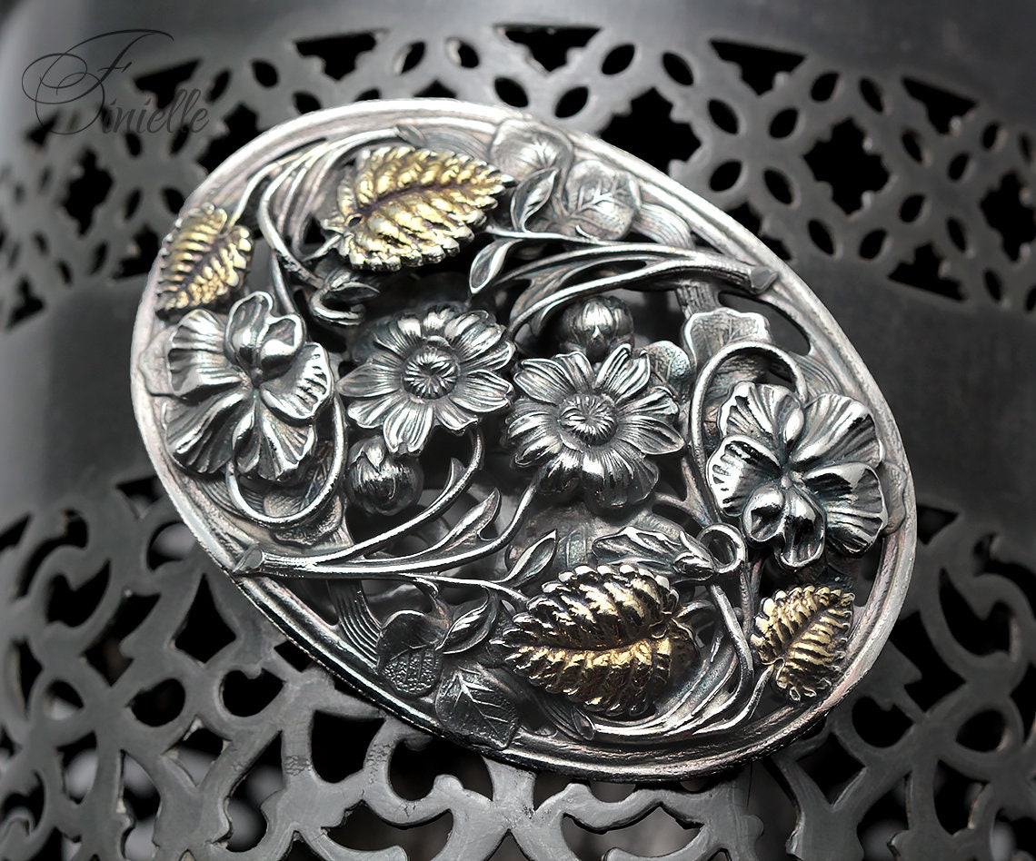 Antique Gold and Silver Plated Ornate Edwardian Era Floral & Leaf Design Sash/Brooch Pin, Unique Jewellery Jewelry