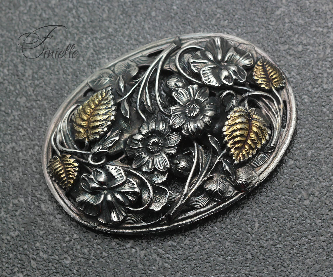 Antique Gold and Silver Plated Ornate Edwardian Era Floral & Leaf Design Sash/Brooch Pin, Unique Jewellery Jewelry