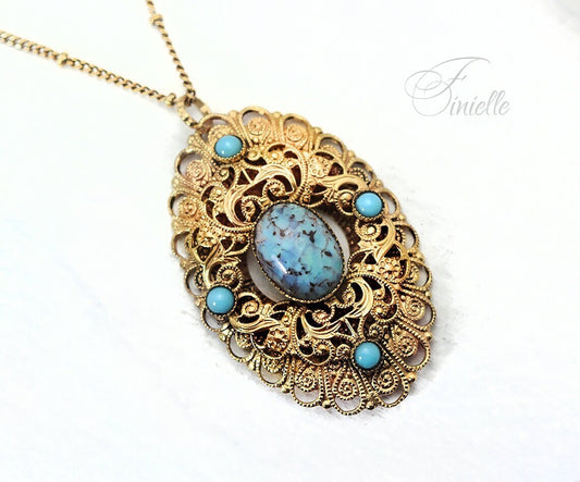 Art Deco Unique Necklace Pendant, Vintage Czech Bohemian Glass Turquoise, Vintage 1920-1930's, Repurposed Brooch, Gift for Women.