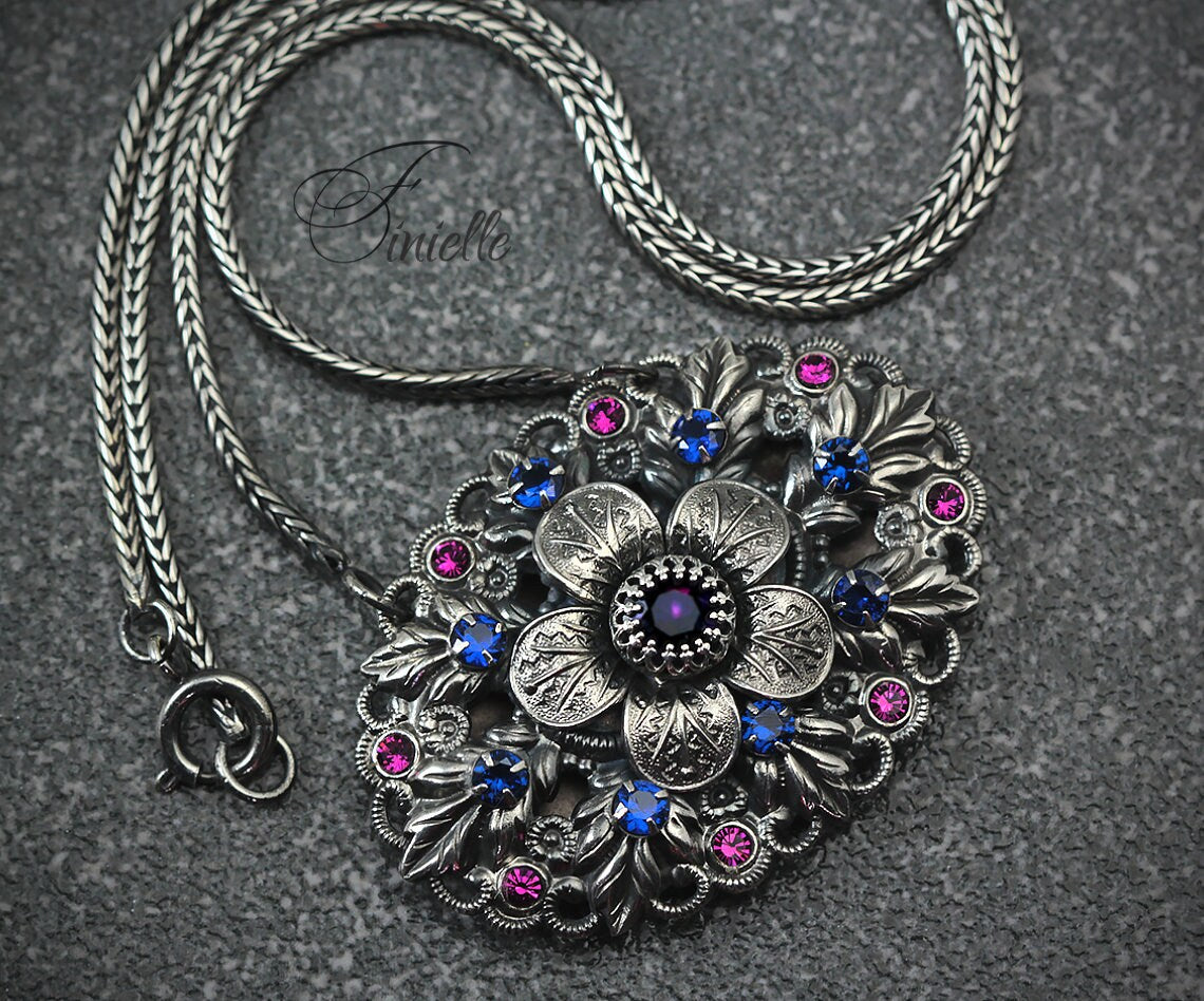 Edwardian Era 1900-1910 Repurposed Brooch, Unique Necklace Pendant, Glass Purple Blue Pink Rhinestone, Antique Silver Plated Jewellery