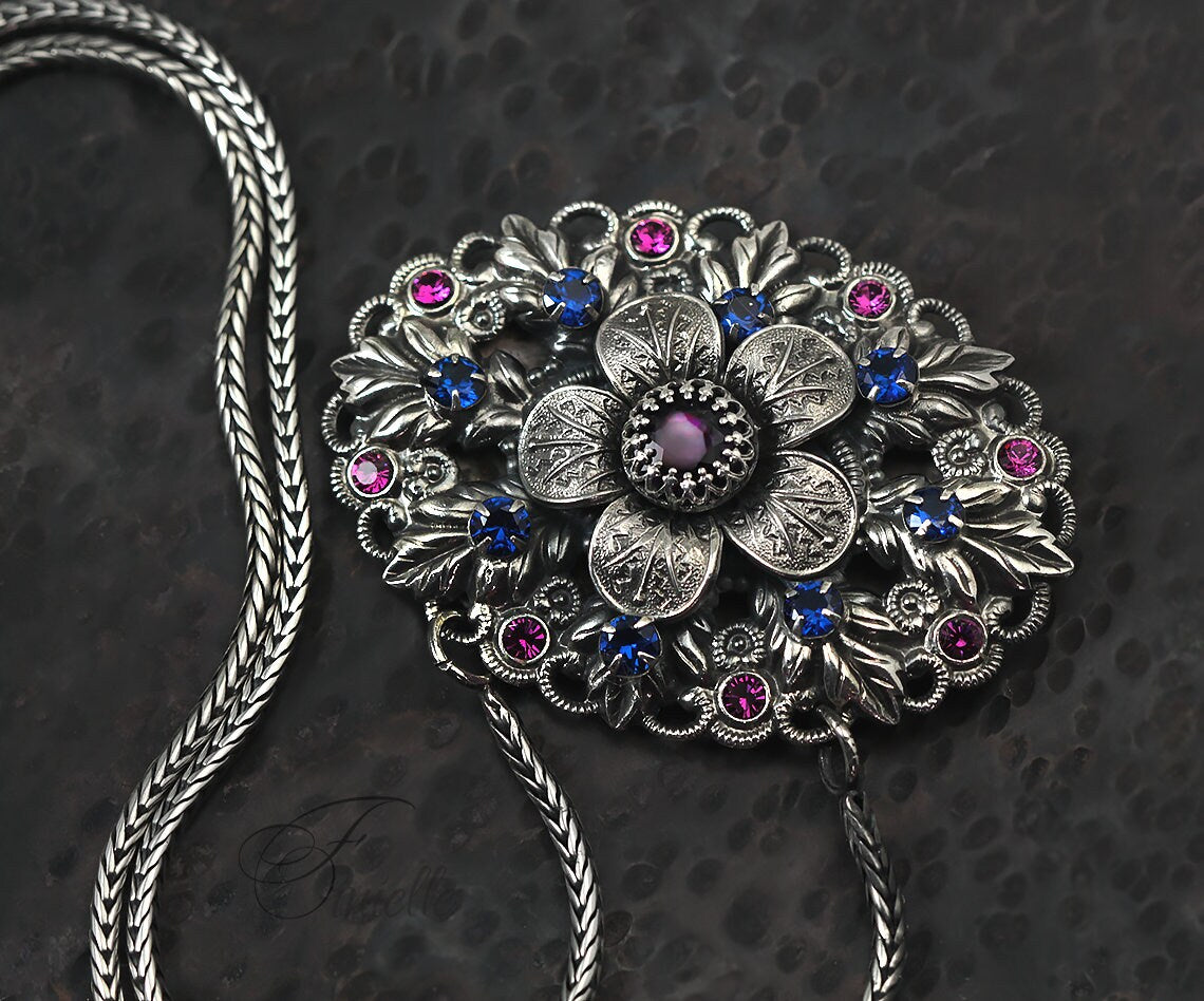 Edwardian Era 1900-1910 Repurposed Brooch, Unique Necklace Pendant, Glass Purple Blue Pink Rhinestone, Antique Silver Plated Jewellery