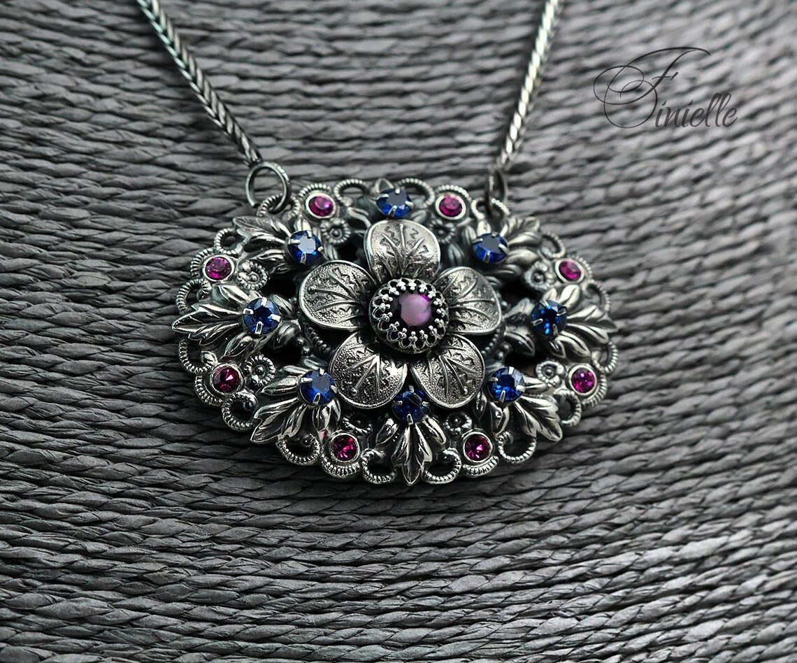 Edwardian Era 1900-1910 Repurposed Brooch, Unique Necklace Pendant, Glass Purple Blue Pink Rhinestone, Antique Silver Plated Jewellery