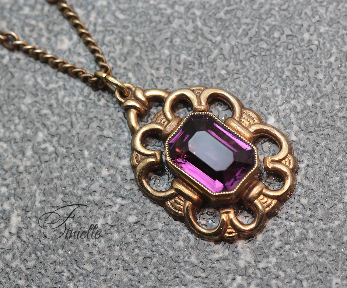 Antique Victorian Faceted Purple Amethyst Glass Pendant Necklace, Gilded Necklace, Gold Plated Bar Chain, Ornate Pendant, Vintage Jewelry