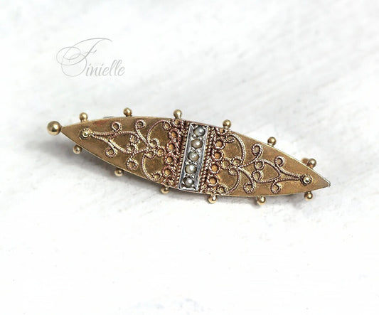 Antique Victorian Etruscan Revival Gold and Silver Plated Filigree Detailed Brooch, Seed Pearls, Vintage jewelry jewellery