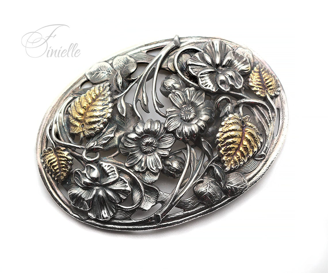 Antique Gold and Silver Plated Ornate Edwardian Era Floral & Leaf Design Sash/Brooch Pin, Unique Jewellery Jewelry