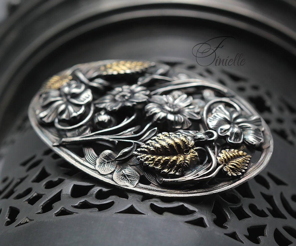 Antique Gold and Silver Plated Ornate Edwardian Era Floral & Leaf Design Sash/Brooch Pin, Unique Jewellery Jewelry